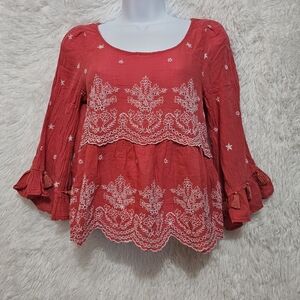 American Eagle Outfitters Chic Salmon Embroidered Blouse Size XS 100% Cotton